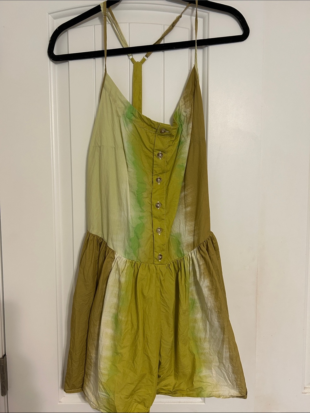 Tie-Dye Olive Green Button-Front Romper